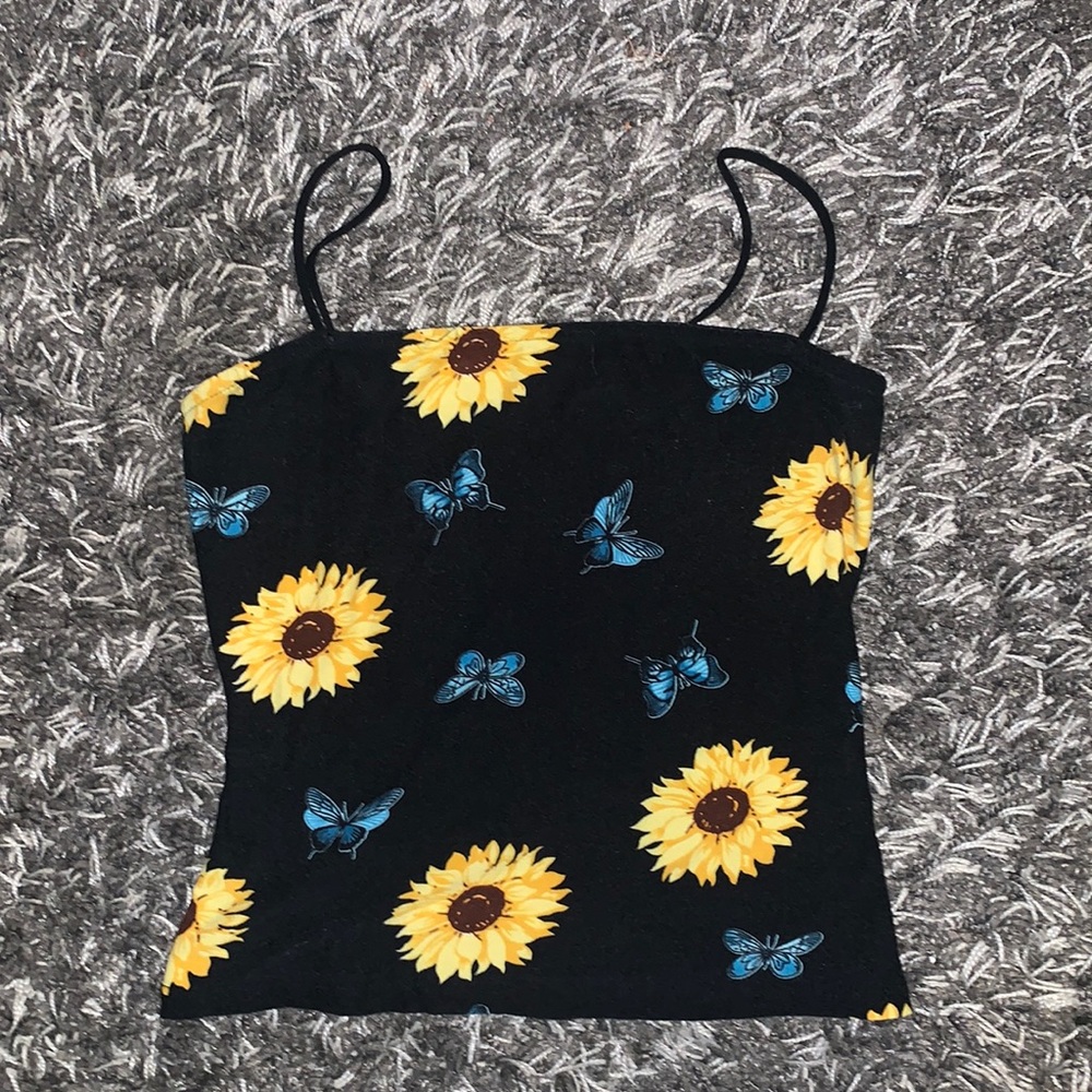 Sunflower Print Black Tank Top